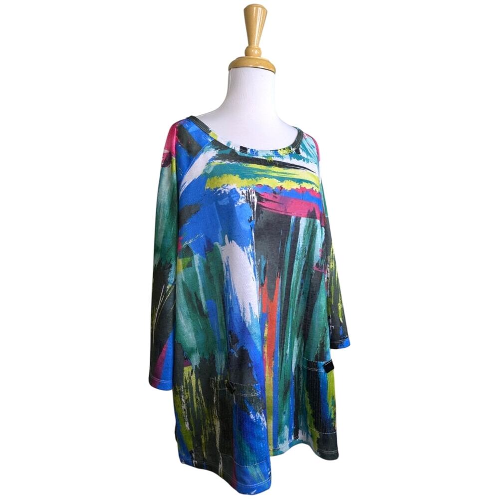Ali Miles Tunic Top 1X Lagenlook Artsy Abstract Watercolor Sequin Statement - Picture 3 of 10